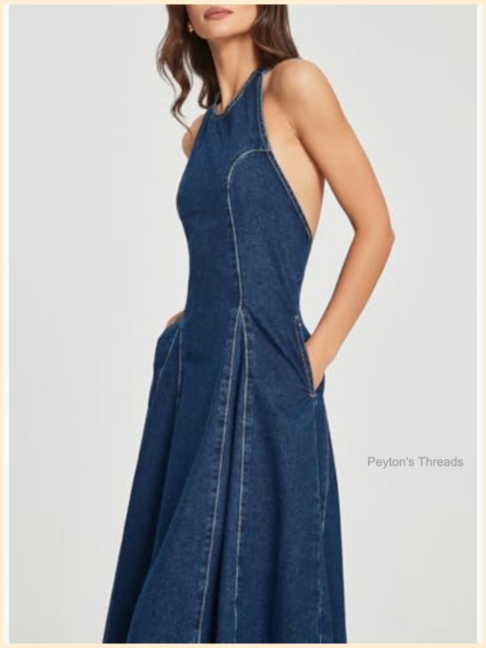 Halter Neck Backless Denim Midi Dress A-Line Flowy Zipper Closure - Picture 3 of 6
